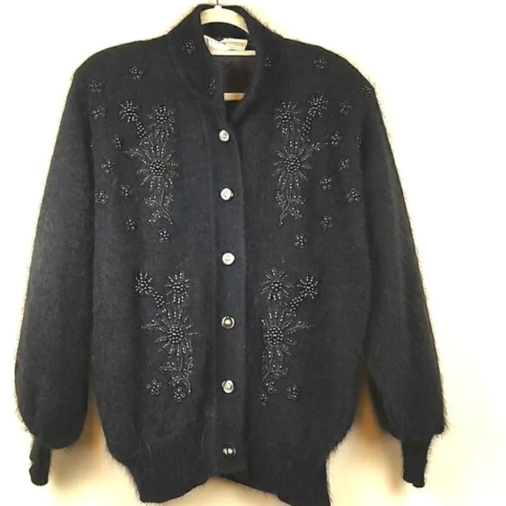 Belldini Black Angora Blend Floral Beaded Cardigan Sweater Retro Vintage